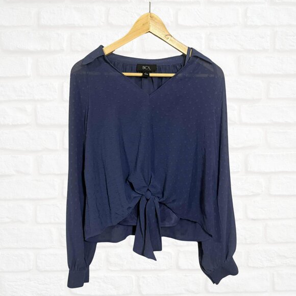 NWT Balloon Sleeve Tie-Front Blouse Clip Dot Denim Blue Large Layer BCX V Neck - Picture 8 of 9